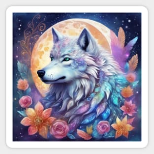 Mystical Wolf with Flowers, Full Moon, Colorful, Beautiful Sticker